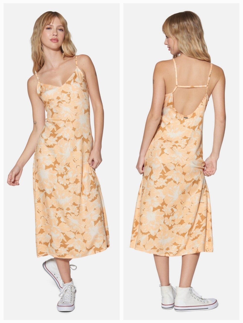 NWT Hurley Shoreline Slip Dress Caramel Cream Floral Size L Low Back Strappy